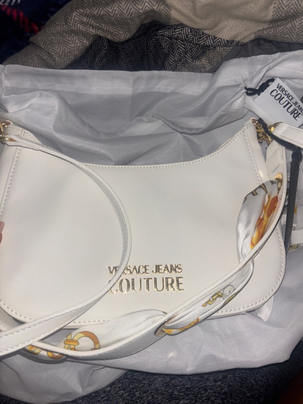 Versace Jeans Couture White Leather Shoulder Bag with Gold Logo
